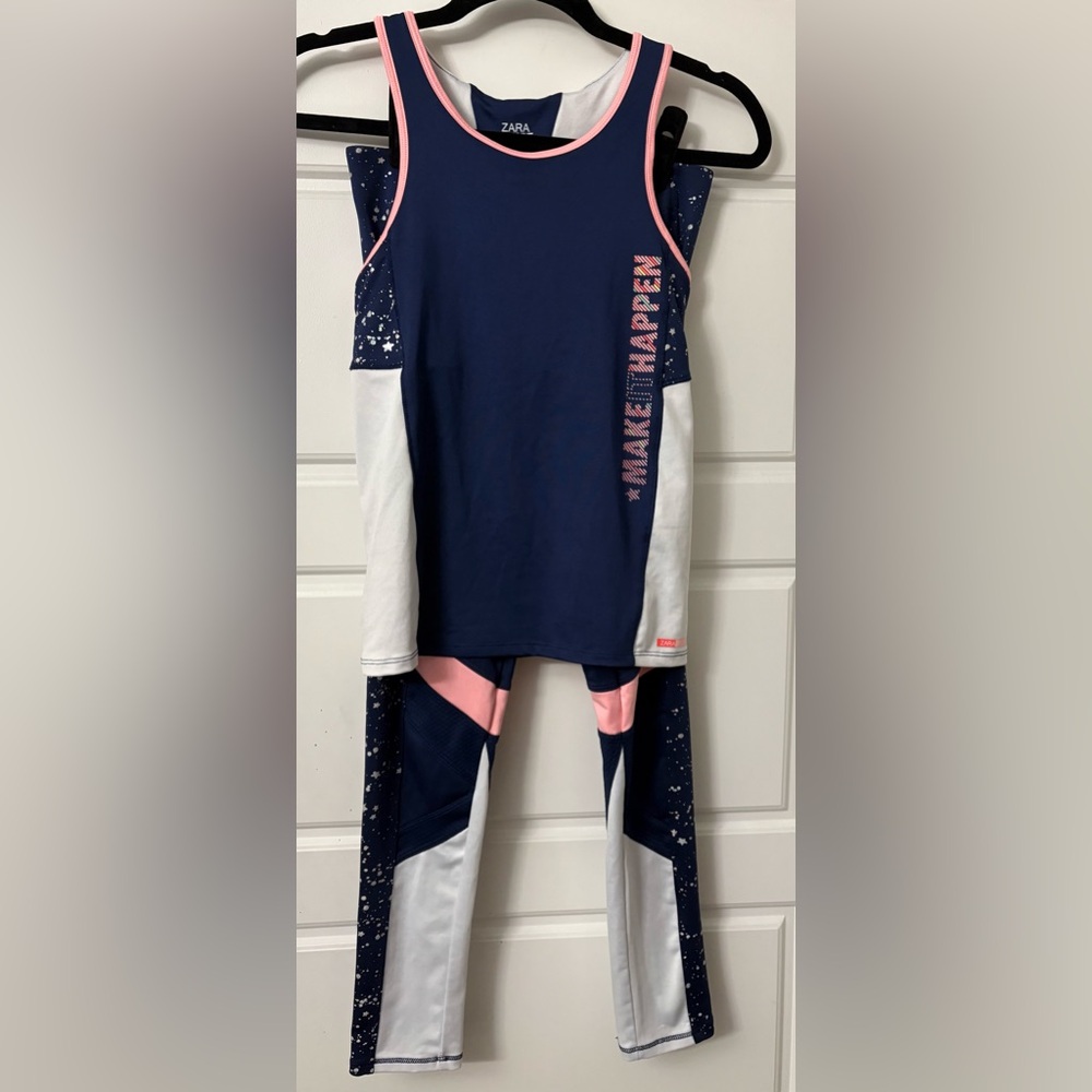 Zara Girls Navy‎ Pink White Sports Athleisure Outfit Tank Leggings Pants 13 14